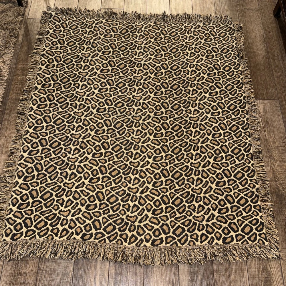 Leopard Print Woven Throw Blanket Fringed Tapestry Tan Black Animal Print 48x52